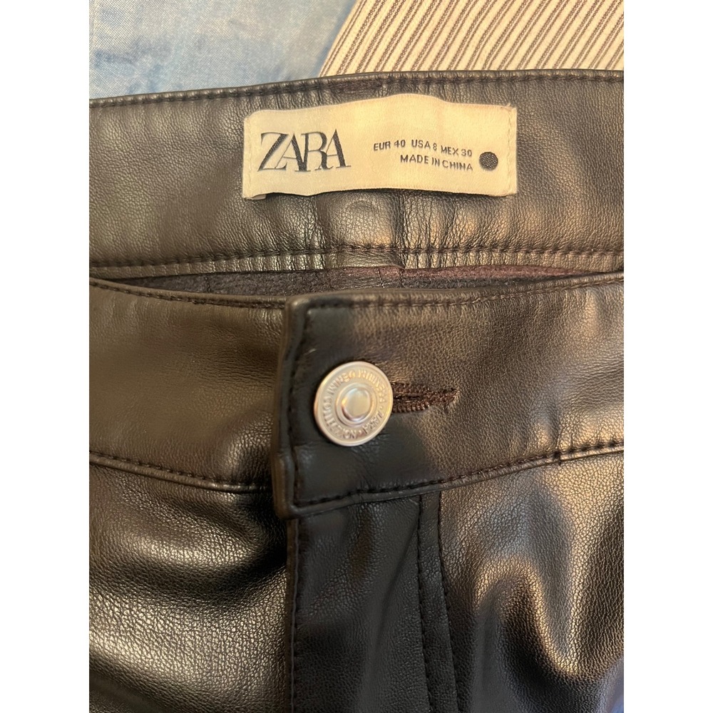 Zara Faux Leather Pants Womens 8 Black High Waisted Straight Leg 5-Pocket Moto - Picture 3 of 10